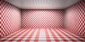 Empty room with red and white checkered floor and walls, dotted ceiling. Generative AI Royalty Free Stock Photo