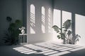 Empty room with shadows of window and flowers and palm. Illustration AI Generative Royalty Free Stock Photo