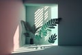 Empty room with shadows of window and flowers and palm. Illustration AI Generative Royalty Free Stock Photo