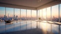 An empty room in a skyscraper and a view of the city in the morning. Beautiful, expensive property with a view