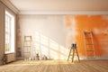 Empty room with stepladder, cans of paint and geometrical sunlight Royalty Free Stock Photo