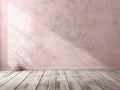 Textured Pink Wall With Sunlit Window Shadows And Wooden Floor With Clay Pot Royalty Free Stock Photo