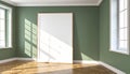 Empty room with two windows and a large blank framed picture on a green wall interior Royalty Free Stock Photo
