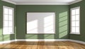 Empty room with two windows and a large horizontal blank framed picture on green wall Royalty Free Stock Photo