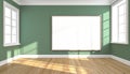 Empty room with two windows and a large horizontal blank framed picture on green wall Royalty Free Stock Photo