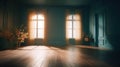an empty room with two windows and a vase of flowers Royalty Free Stock Photo