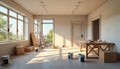 Empty room undergoing home refurbishment. Boxes, paint buckets scattered in space. Sunlight streams through large windows Royalty Free Stock Photo