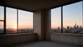 Empty Room with a View of the City Skyline at Sunset, Concrete Wall and Floor