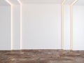 Empty room with white blank wall, hidden light, parquet wood floor.