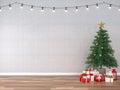 Empty room with white brick wall decorated with christmas tree 3d render Royalty Free Stock Photo