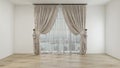 Empty room with white wall, parquet floor, and classic white vitrage, beige curtain