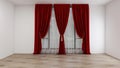 Empty room with white wall, parquet floor, and classic white vitrage, 3 maroon curtains