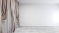 Empty room with white wall, parquet floor, and classic white vitrage, three beige curtains