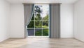 Empty room with white wall, parquet floor, and gray silver curtain blue line