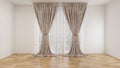Empty room with white wall, parquet floor, and white vitrage, beige curtain