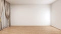 Empty room with white wall, parquet floor, and white vitrage, three beige curtain on the side