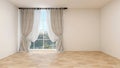 Empty room with white wall, parquet floor, and white vitrage, beige curtain