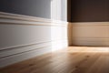 Empty room with white wall and wooden floor. panelling on wall, baseboard, molding.