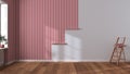 Empty room with white walls and parquet floor, shits of striped red wallpaper on the wall with copy space. Housework concept Royalty Free Stock Photo