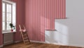 Empty room with white walls and parquet floor, shits of striped red wallpaper on the wall with copy space. Housework concept Royalty Free Stock Photo