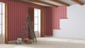 Empty room with white walls, wooden ceiling and parquet floor, shits of striped red wallpaper on the wall with copy space. Royalty Free Stock Photo