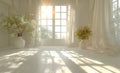 empty room with white windows 3d render, bright, hazy. Generative AI. Royalty Free Stock Photo