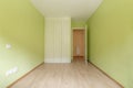 Empty room with white wooden three-section built-in wardrobe, green