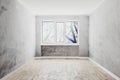 empty room with window, empty decorative plaster walls and wooden floor, white ceiling, empty walls, 3d rendering