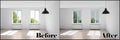 Room with windows before and after tinting Royalty Free Stock Photo