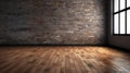 Empty room with wooden floor and black brick wall and window Royalty Free Stock Photo