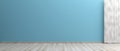 Empty room, wooden floor, blue color painted wall and curtain. 3d illustration Royalty Free Stock Photo