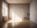 Empty room with wooden floor, curtain, and large window. Generative AI Royalty Free Stock Photo