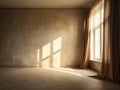 Empty room with wooden floor, curtain, and large window. Generative AI Royalty Free Stock Photo