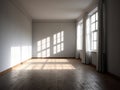 Empty room with wooden floor, curtain, and large window. Generative AI Royalty Free Stock Photo