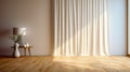 Empty room with wooden floor and white drapes on the wall. Generative AI Royalty Free Stock Photo