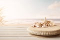 Empty Round Beige Platform Podium with Sea Shells and Starfish on White Beach Sand Background Royalty Free Stock Photo
