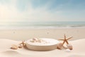 Empty Round Beige Platform Podium with Sea Shells and Starfish on White Beach Sand Background Royalty Free Stock Photo