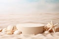 Empty Round Beige Platform Podium with Sea Shells and Starfish on White Beach Sand Background Royalty Free Stock Photo