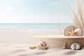 Empty Round Beige Platform Podium with Sea Shells and Starfish on White Beach Sand Background Royalty Free Stock Photo