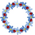 Empty round frame with blue flowers and ladybirds