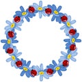 Empty round frame with blue flowers and ladybirds Royalty Free Stock Photo