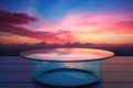 Empty Round Glass Table with Sunset Sky Background