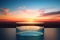 Empty Round Glass Table with Sunset Sky Background