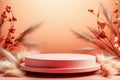 Empty round podium against sunset gradient peach fuzz color background with dry plants