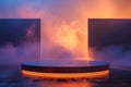 Empty round stage glowing with orange light and surrounded by smoke Royalty Free Stock Photo