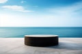 Empty Round Table Black Stone With Blurred Seascape Background