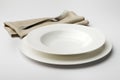 Empty round white plate and bowl with napkin and fork Royalty Free Stock Photo
