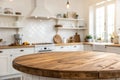 Empty round wood tabletop counter in bright kitchen Royalty Free Stock Photo