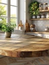Empty round wood tabletop counter on interior in clean and bright kitchen background Royalty Free Stock Photo