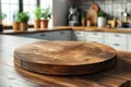 Empty round wood tabletop counter on interior in clean and bright kitchen background Royalty Free Stock Photo